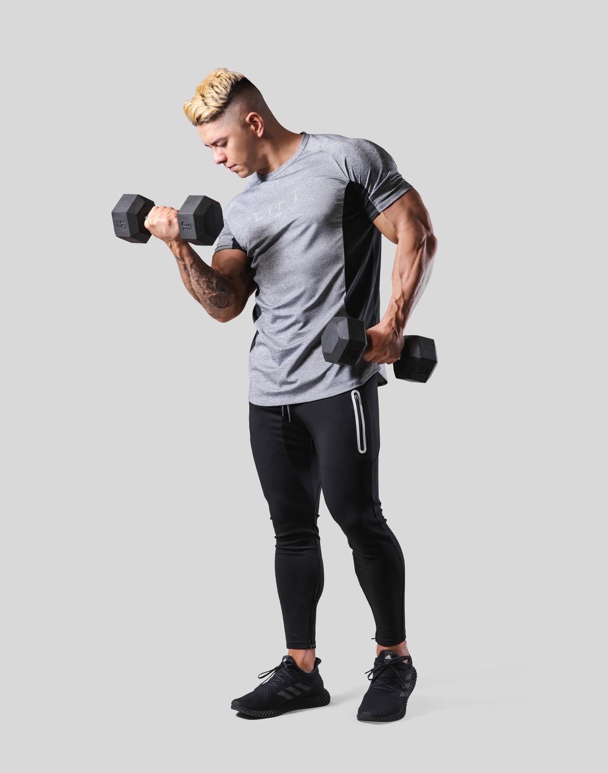 Side Round Mesh Stretch T-Shirt - Grey