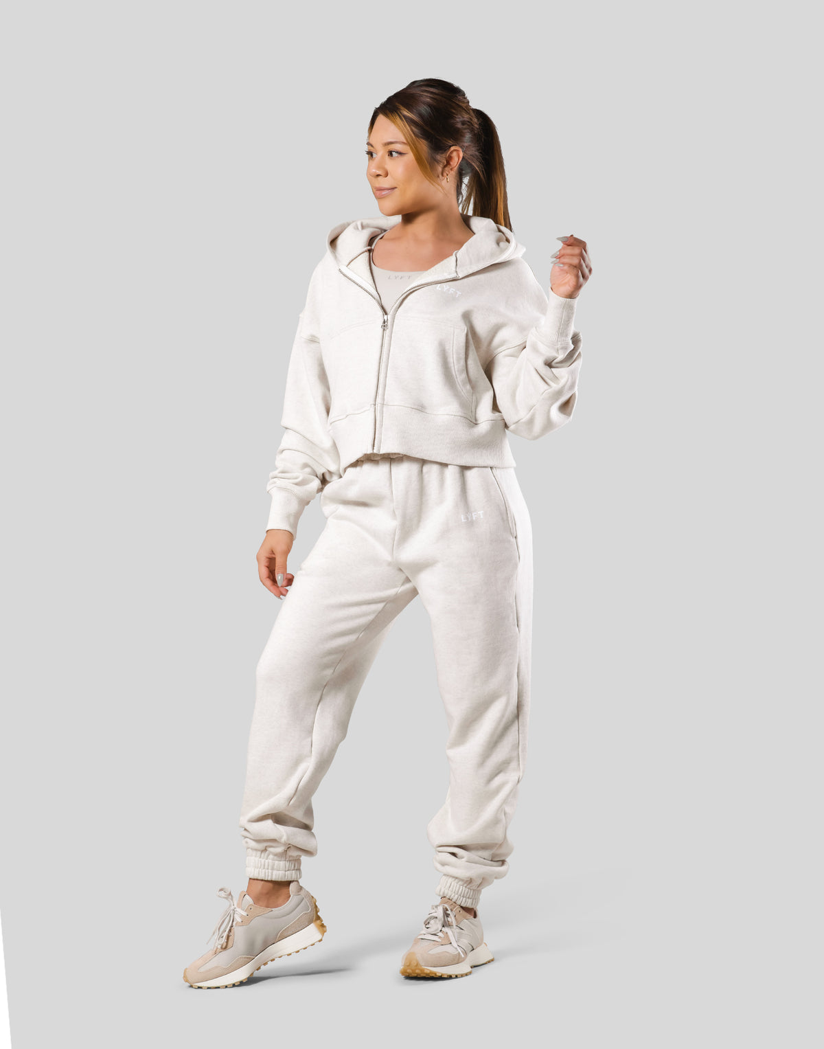 Zip-Up Cropped Light Sweat Hoodie - Ivory