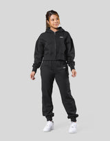 Zip-Up Cropped Light Sweat Hoodie - Black
