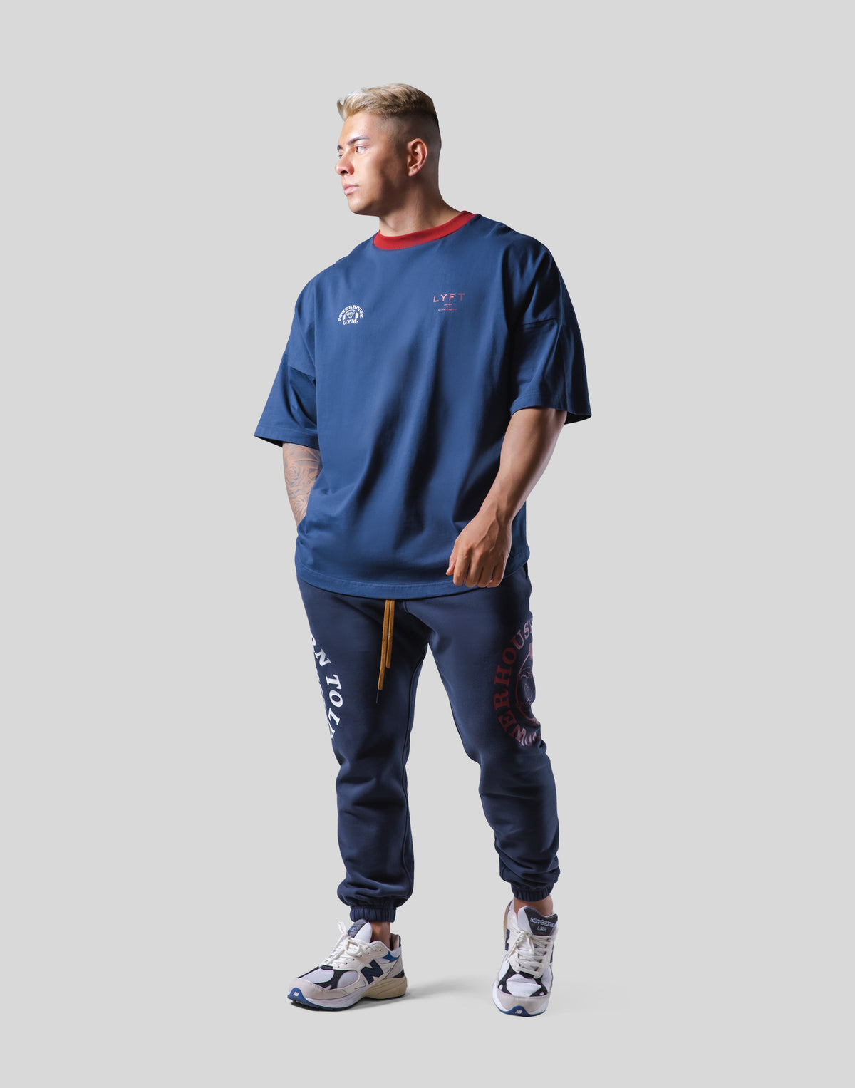 LÝFT × Power House Gym Logo Wide Shoulder Big T-Shirt - Navy