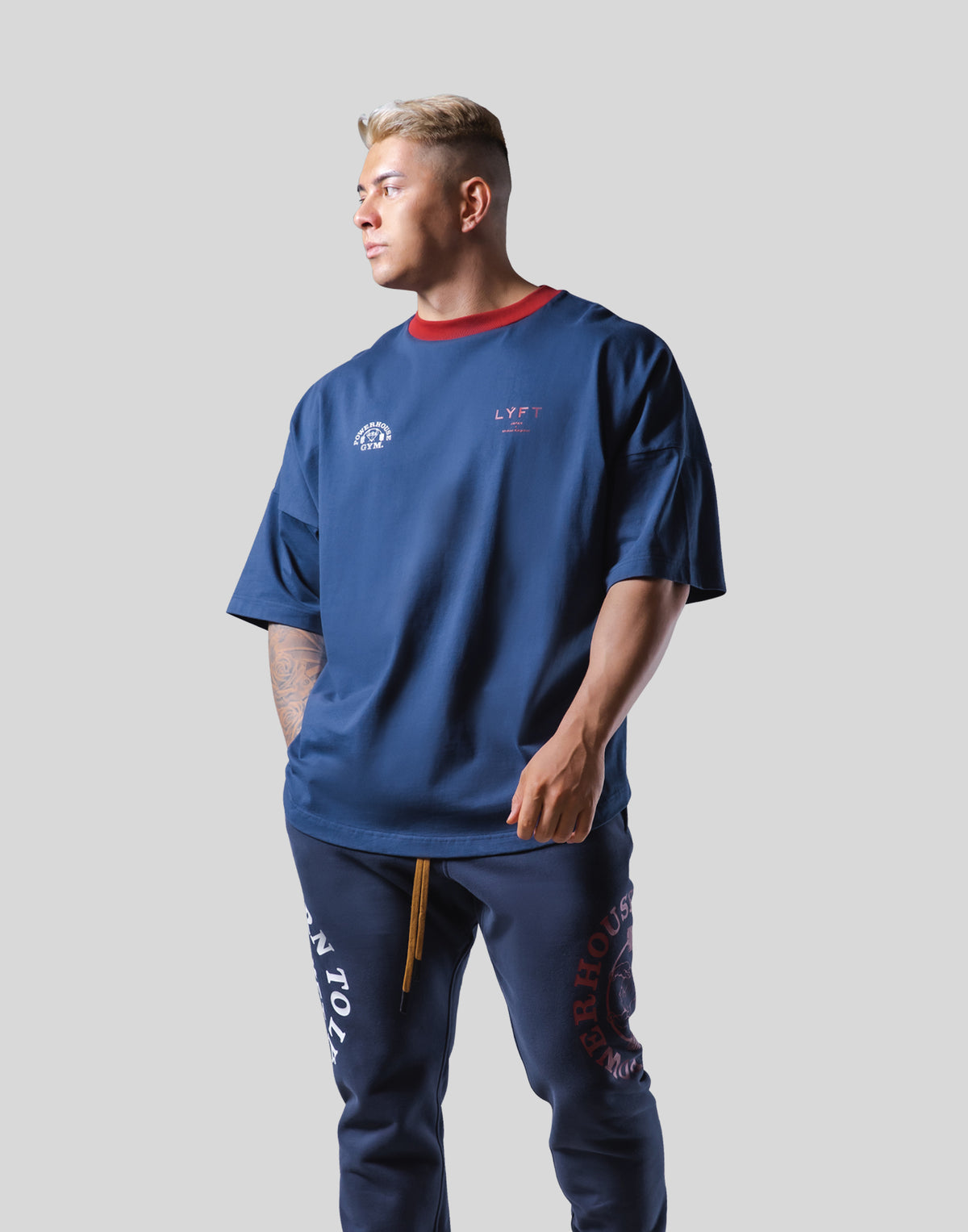 LÝFT × Power House Gym Logo Wide Shoulder Big T-Shirt - Navy