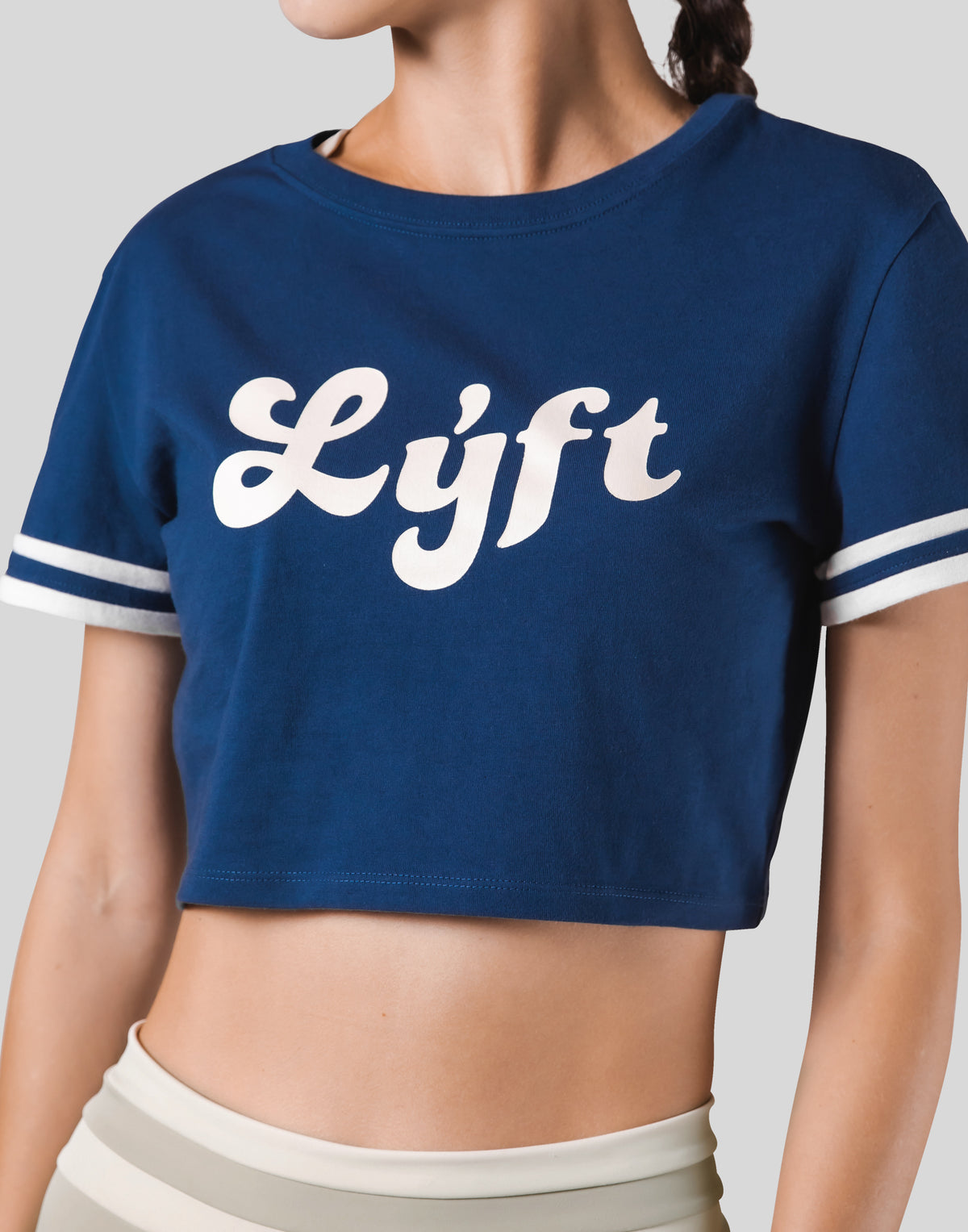 Old Logo Stripe Rib Cropped T-Shirt - Navy