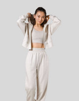 Zip-Up Cropped Light Sweat Hoodie - Ivory