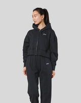 Zip-Up Cropped Light Sweat Hoodie - Black