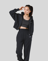 Zip-Up Cropped Light Sweat Hoodie - Black