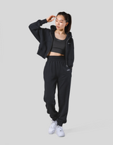 Zip-Up Cropped Light Sweat Hoodie - Black