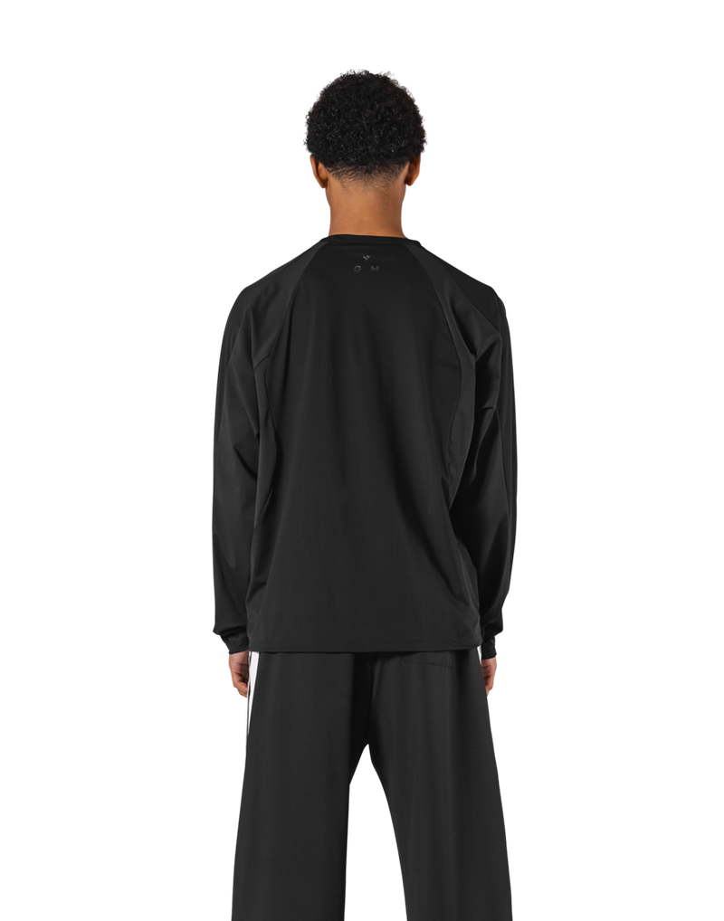 Round Pattern Waffle Nylon Stretch Long T-Shirt - Black