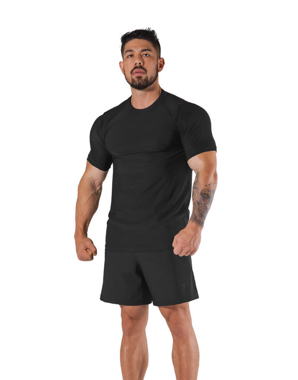 Back Mesh Stretch Slim T-Shirt - Black