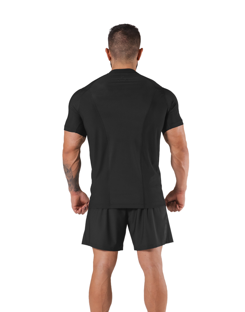 Back Mesh Stretch Slim T-Shirt - Black