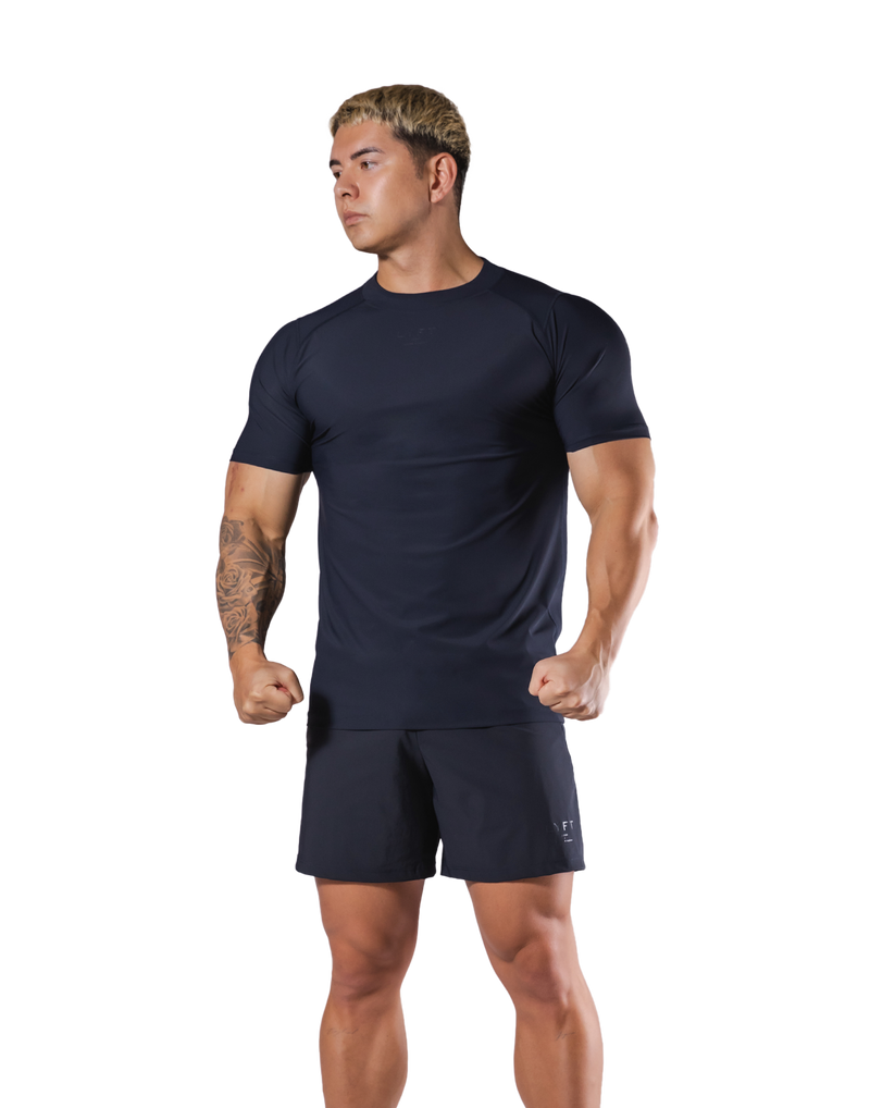 Back Mesh Stretch Slim T-Shirt - Navy