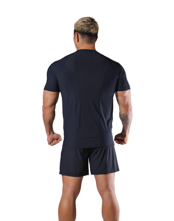 Back Mesh Stretch Slim T-Shirt - Navy