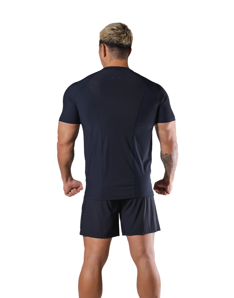 Back Mesh Stretch Slim T-Shirt - Navy