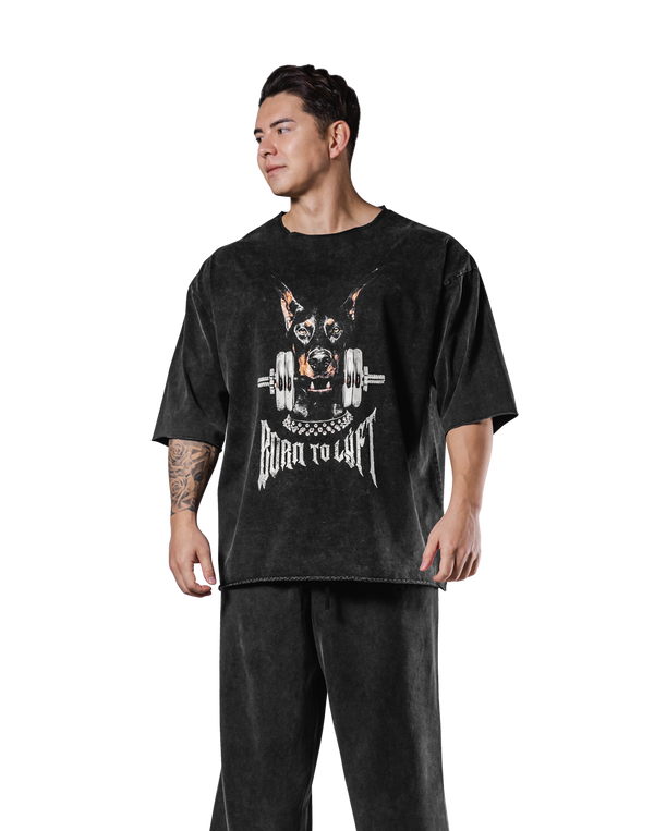 Dog Graphic Cut-Off Vintage Extra Big T-Shirt - Black