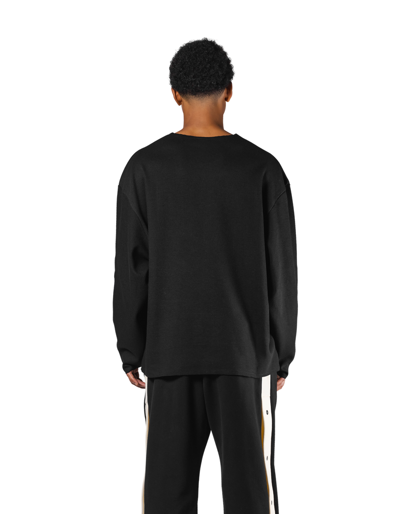 Thermal Knit Loose Long T-Shirt - Black