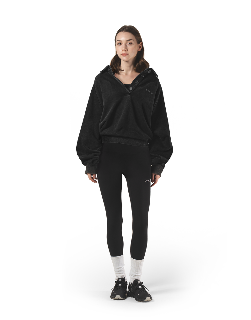 Raglan Sleeve Polo Sweatshirt - Black