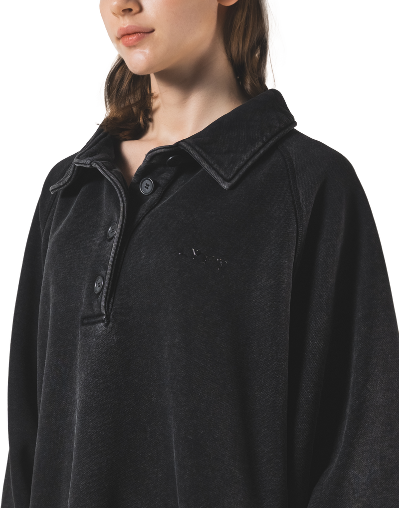 Raglan Sleeve Polo Sweatshirt - Black