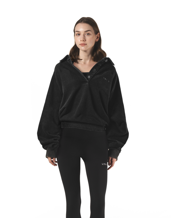 Raglan Sleeve Polo Sweatshirt - Black
