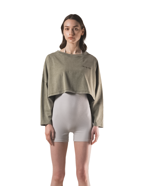 Loose Crop Long Sleeve Shirt - Olive