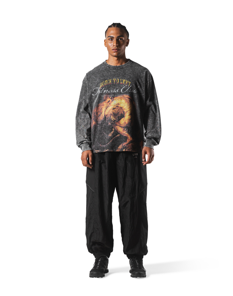 Herculean Graphic Vintage Long Sleeve Big T-Shirt - Black