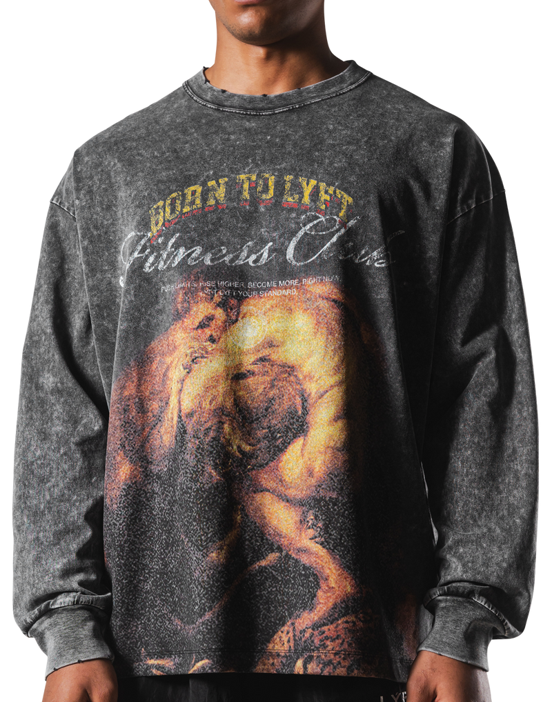 Herculean Graphic Vintage Long Sleeve Big T-Shirt - Black