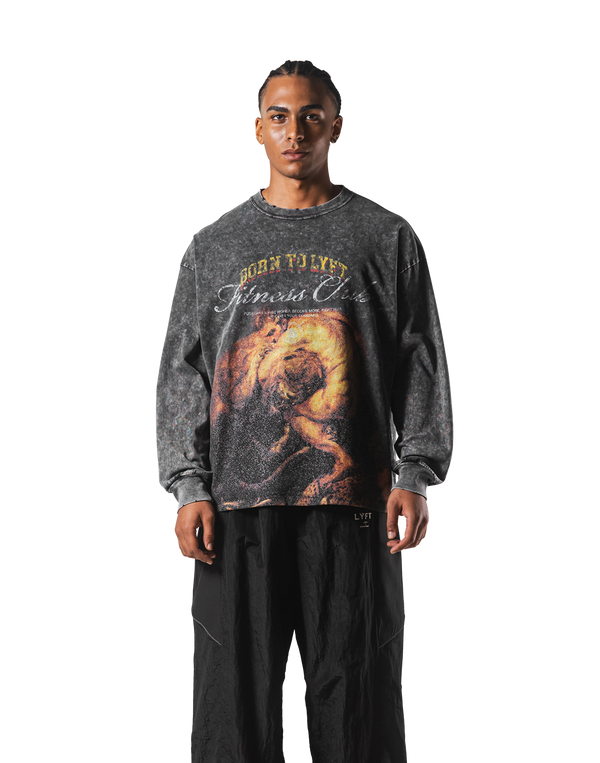 Herculean Graphic Vintage Long Sleeve Big T-Shirt - Black