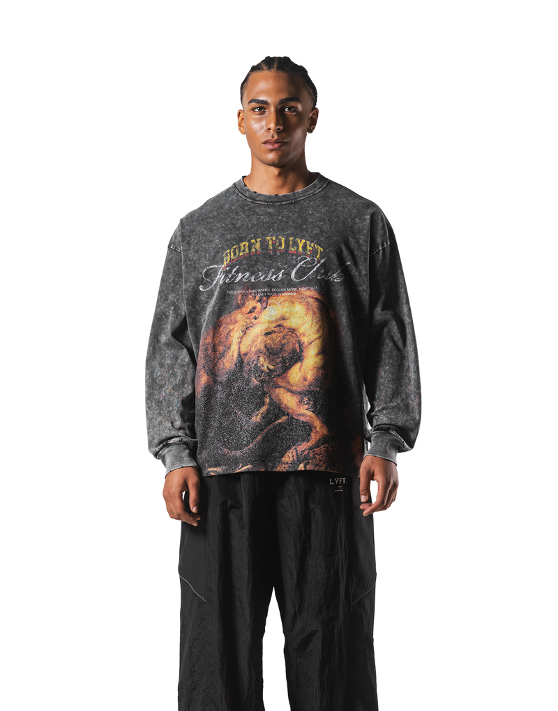 Herculean Graphic Vintage Long Sleeve Big T-Shirt - Black