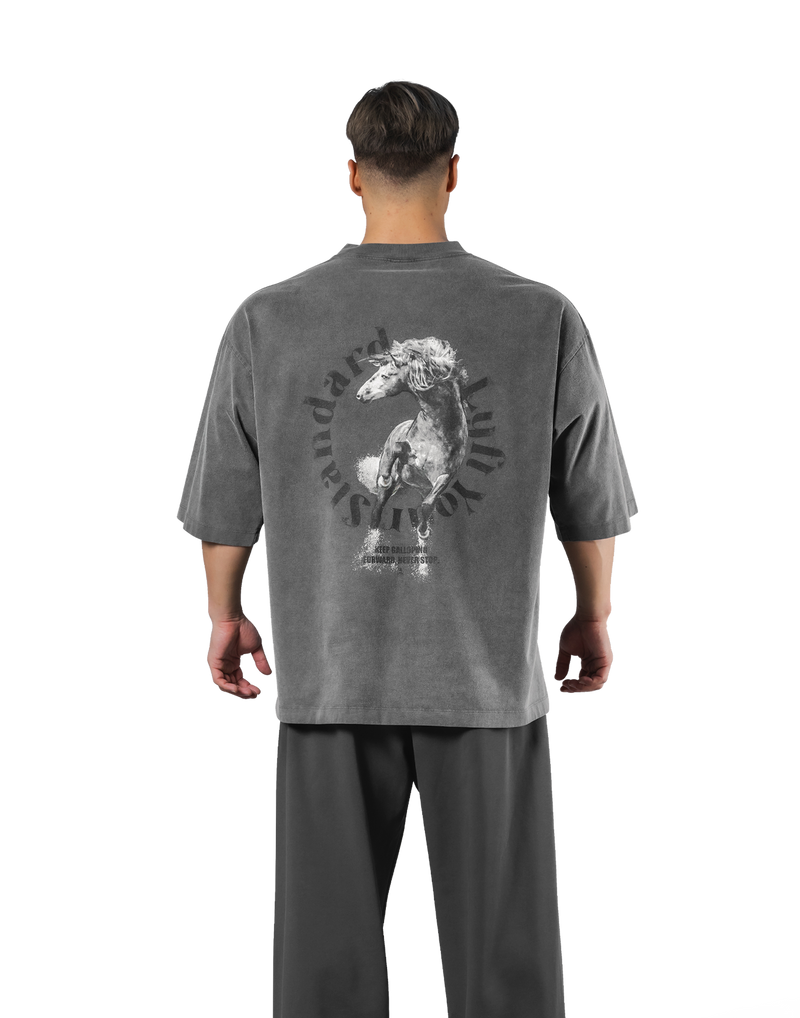 Horse Graphic Vintage Extra Big T-Shirt - D.Grey