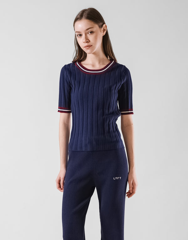 Tricolor Knit T-Shirt - Navy