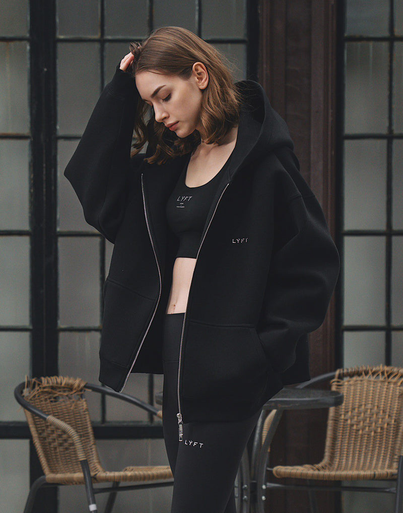 Double Face Zip-Up Hoodie - Black