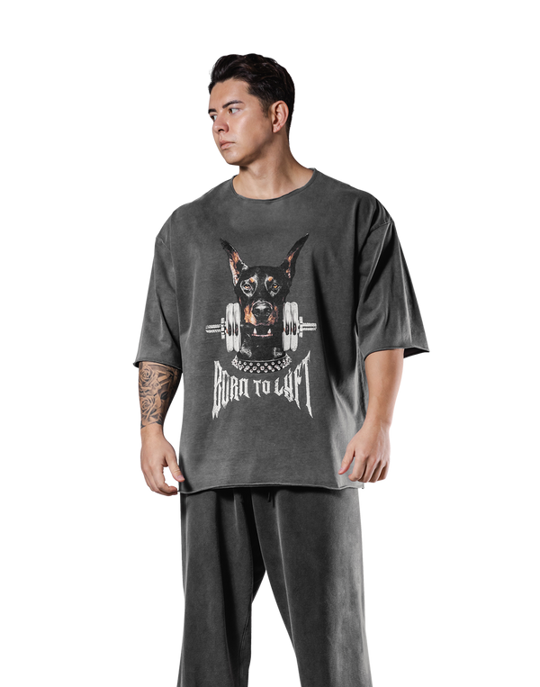 Dog Graphic Cut-Off Vintage Extra Big T-Shirt - Grey