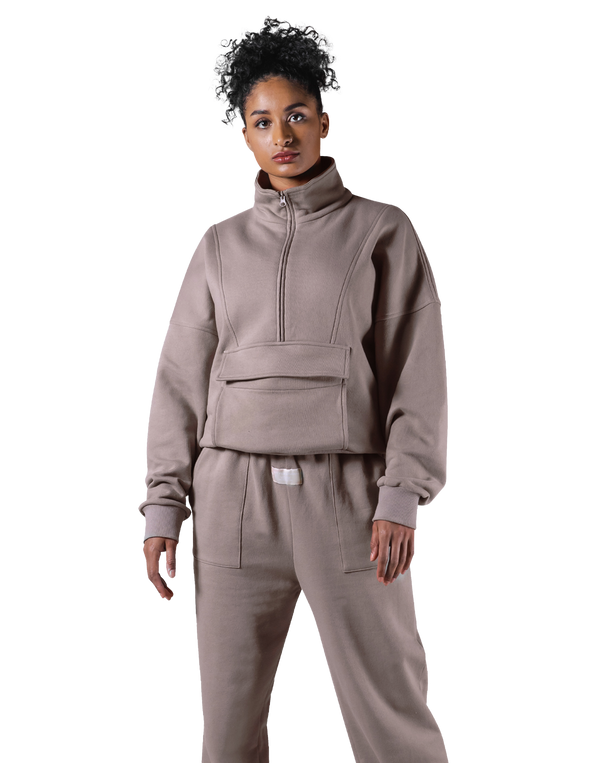 Half Zip 2Way Pocket Sweat Jacket - Greige