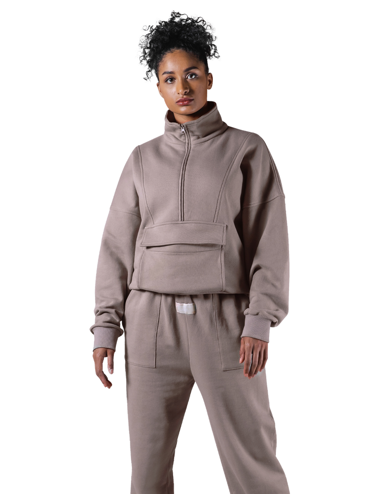 Half Zip 2Way Pocket Sweat Jacket - Greige