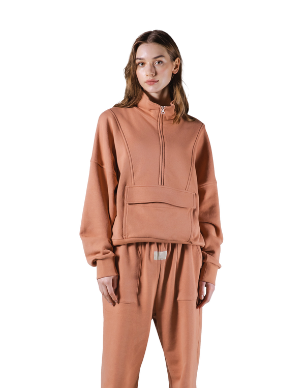Half Zip 2Way Pocket Sweat Jacket - Coral