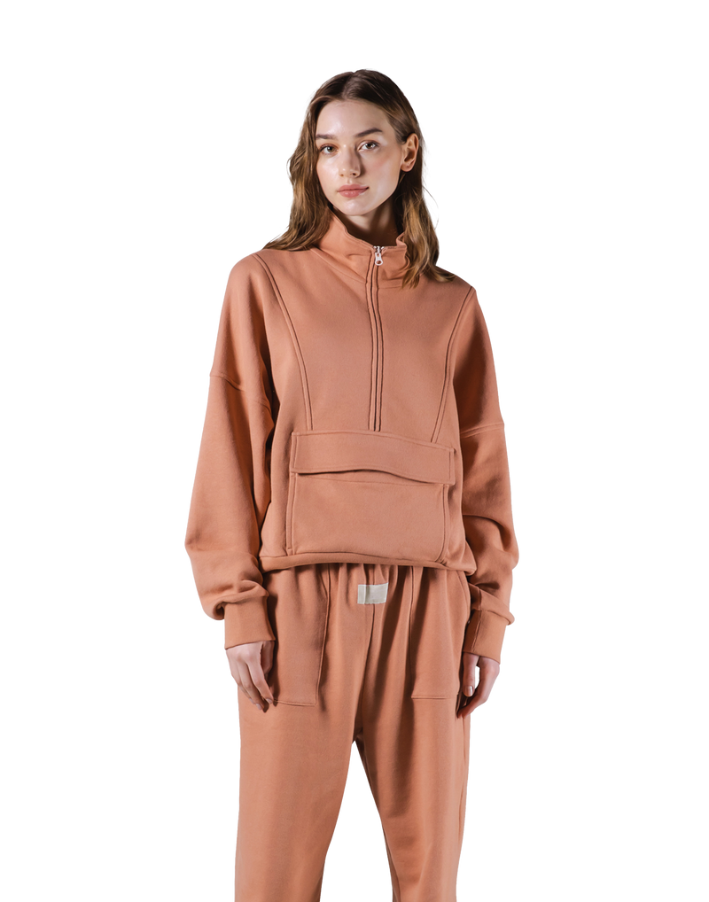 Half Zip 2Way Pocket Sweat Jacket - Coral