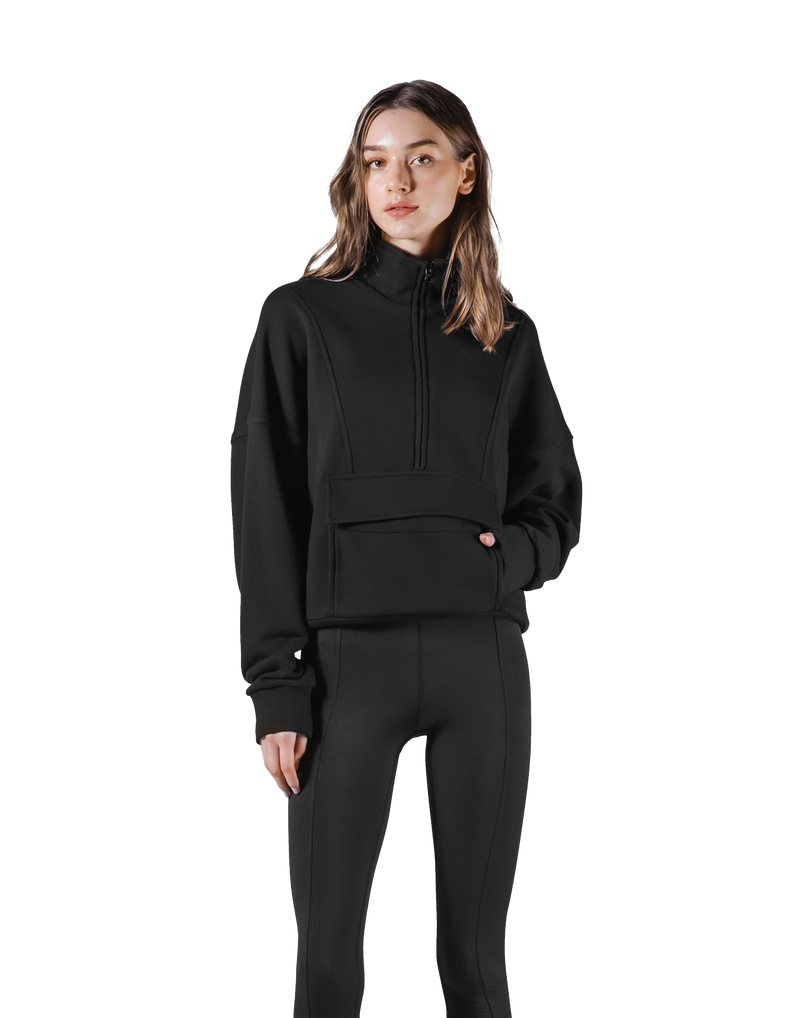 Half Zip 2Way Pocket Sweat Jacket - Black
