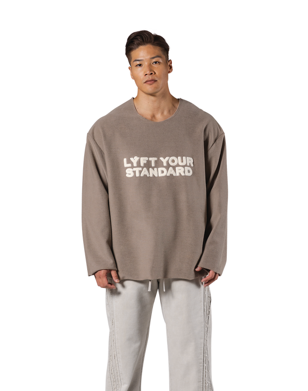 Pile Wappen Knit Like Loose Sweat Shirt - Beige