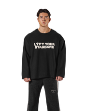 Pile Wappen Knit Like Loose Sweat Shirt - Black