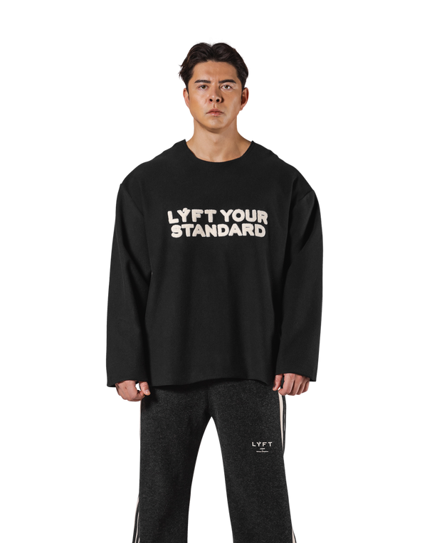 Pile Wappen Knit Like Loose Sweat Shirt - Black