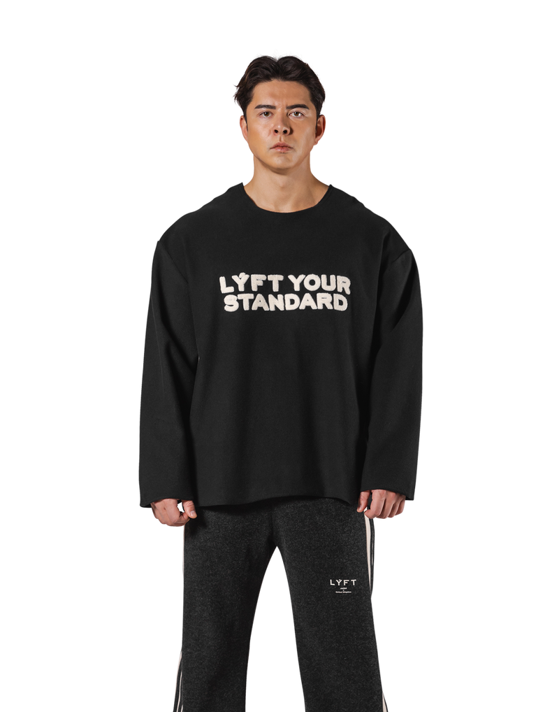 Pile Wappen Knit Like Loose Sweat Shirt - Black