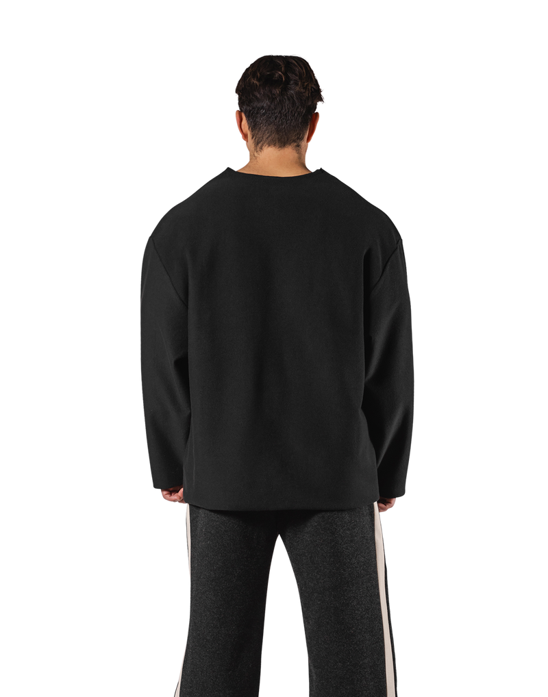 Pile Wappen Knit Like Loose Sweat Shirt - Black