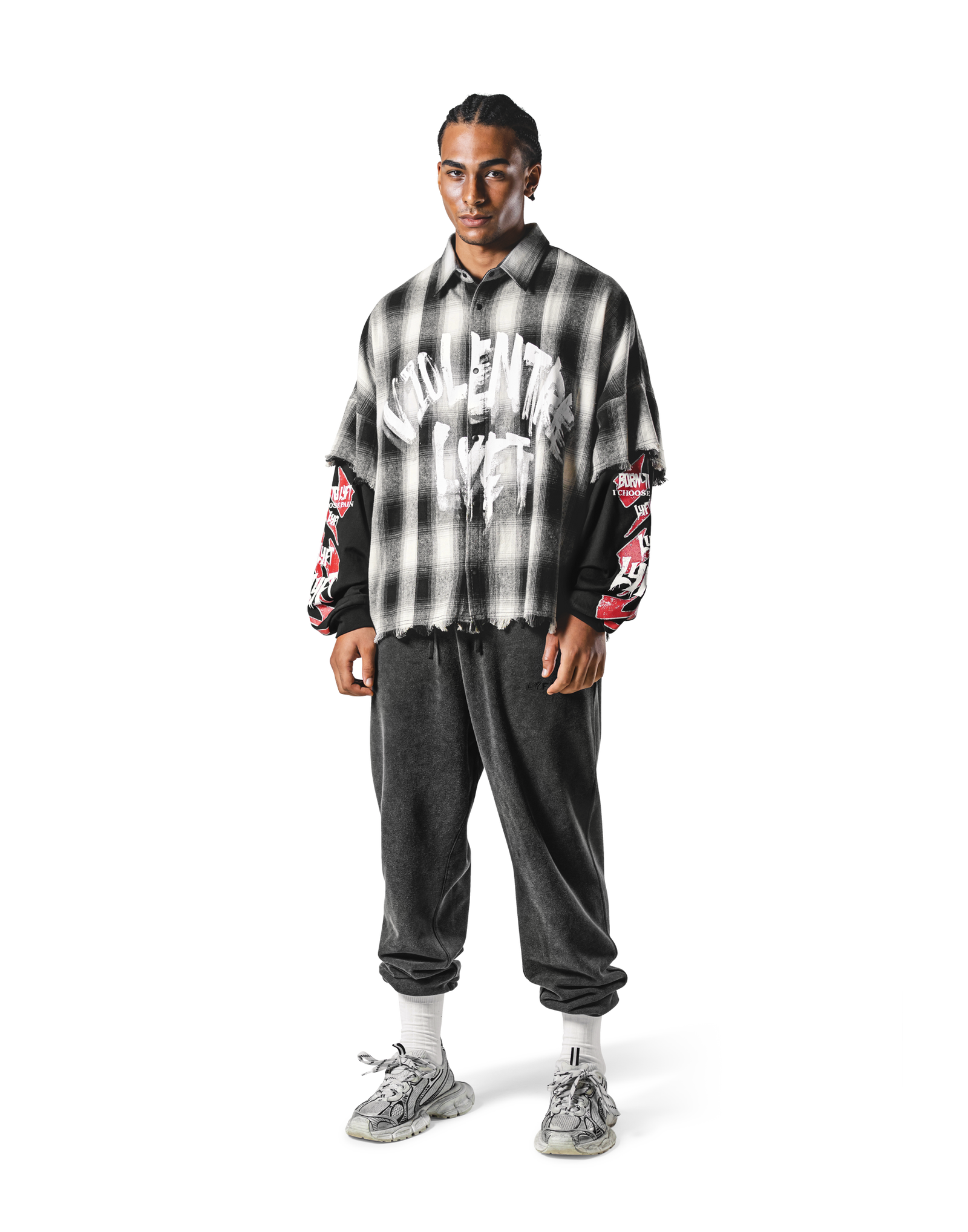 ☆OY☆ OVERSIZE LAYERED CHECK SHIRTS-WHITE Cut-Off layered Oversize Check Shirt - Black – LÝFT