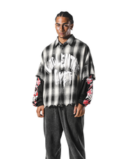 Cut-Off layered Oversize Check Shirt - Black