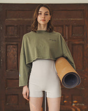 Loose Crop Long Sleeve Shirt - Olive