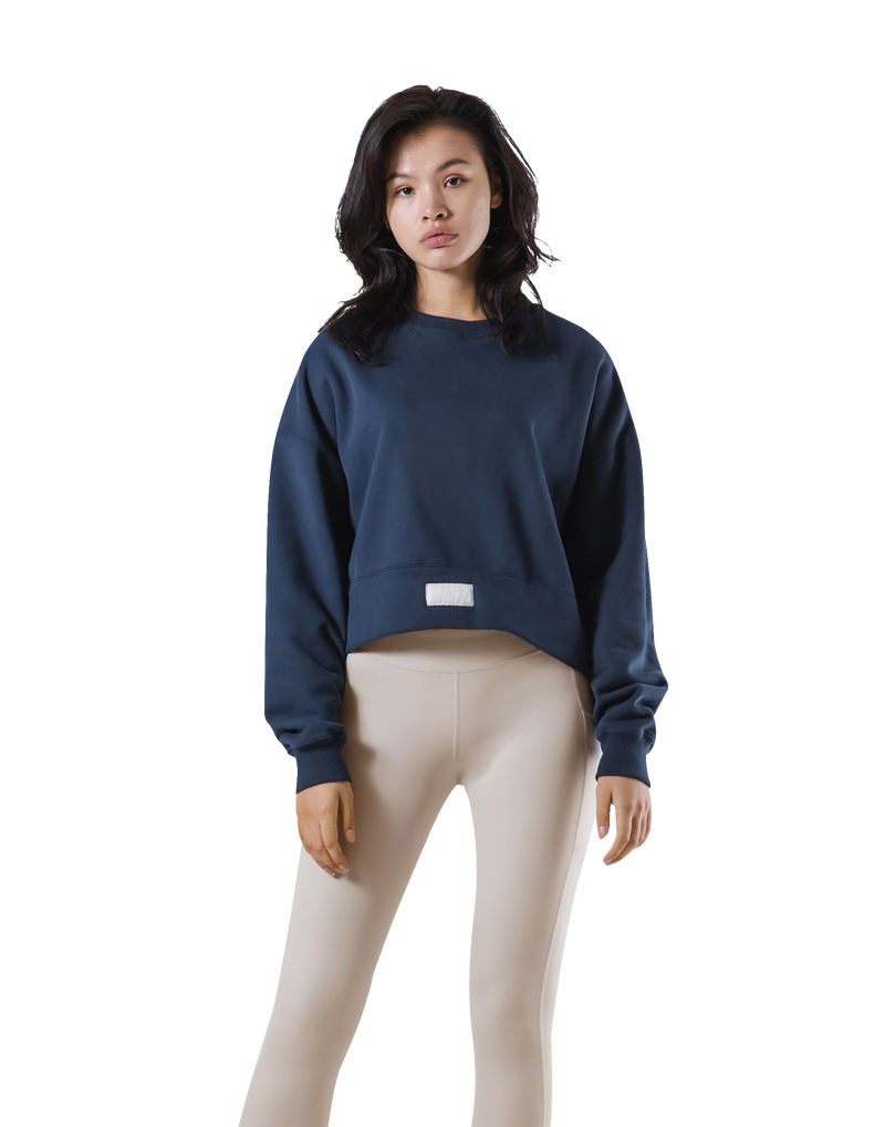 Woven Label Cropped Crewneck Sweat - Navy