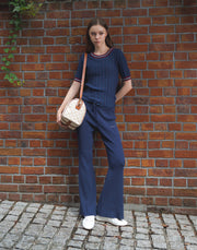 Rib Knit Flare Pants - Navy