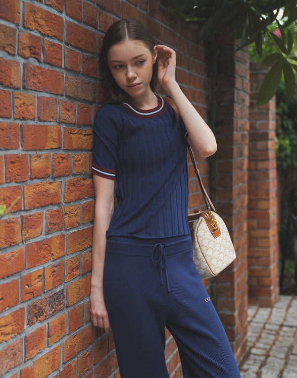 Tricolor Knit T-Shirt - Navy