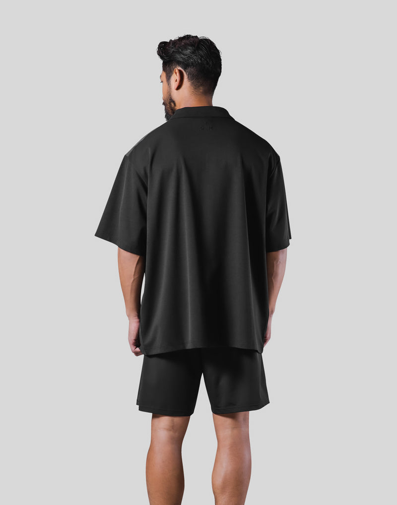One Line Over Size Zip Up Polo Shirt - Black