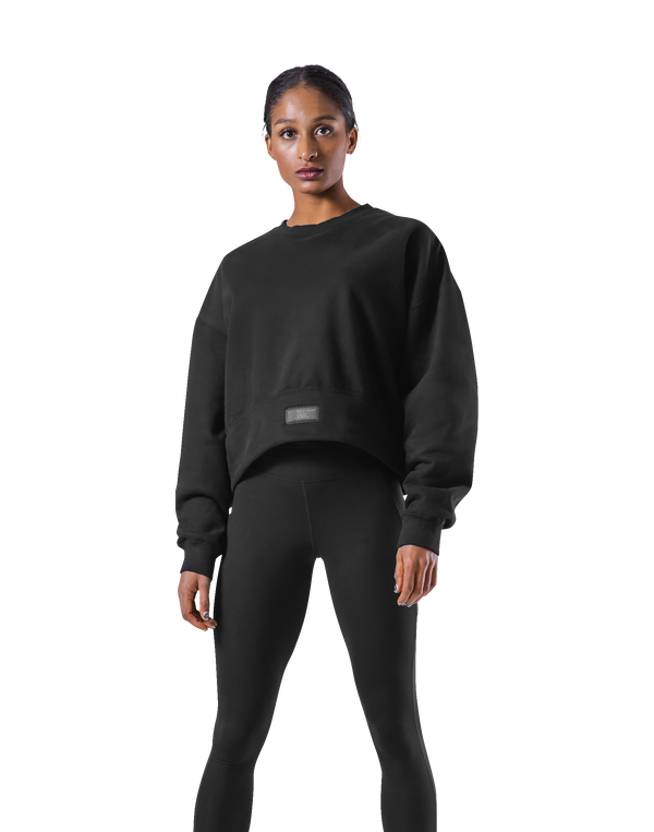 Woven Label Cropped Crewneck Sweat - Black