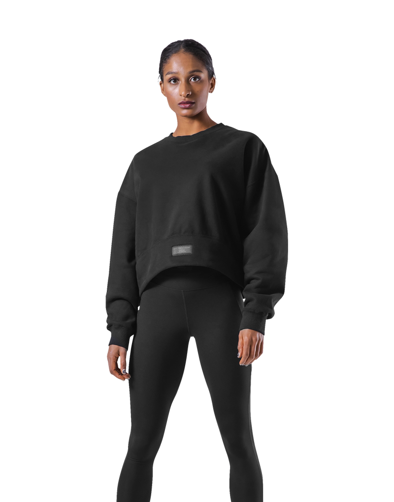 Woven Label Cropped Crewneck Sweat - Black