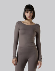 Round Open Back Long Sleeve Top - Brown